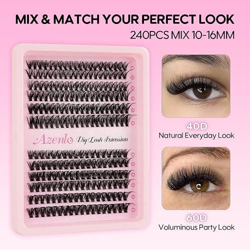 Azenlo Lash Extensions 40D+60D Cluster 240pcs DIY Wispy Lash Clusters 10-16mm Eyelash Clusters for Beginners At Home Individual Thin Band Lash Kit (40D+60D Kit) thumbnail 3