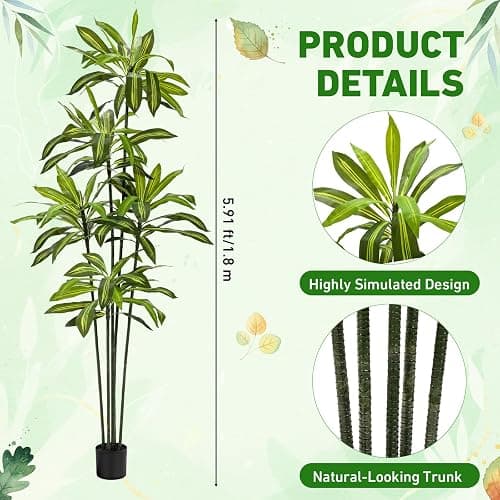 Giegxin 2 Pack 6 FT Artificial Dracaena Tree, Indoor Fake Tree with Black Stable Planter, Natural Wood Trunk & Lifelike Leaves Dracaena Plants for Home Living Room Porch Office Housewarming Gift thumbnail 2