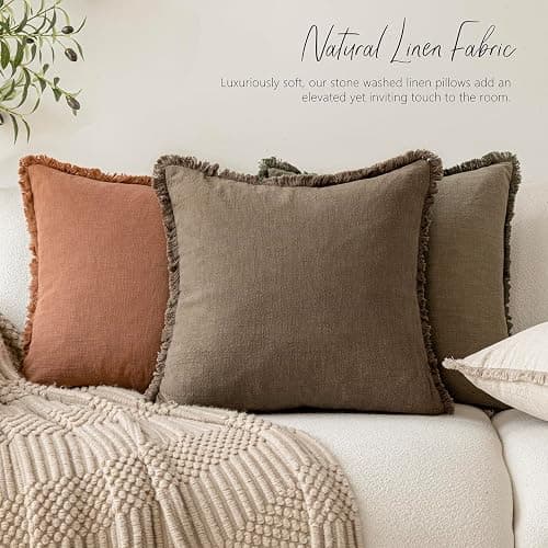 Foindtower Set of 2 Decorative Linen Fringe Lumbar Throw Pillow Covers Boho Farmhouse Cushion Cover with Tassels Soft Accent Pillowcase for Couch Sofa Bed Living Room Home Decor,12×20 Inch,Light Brown thumbnail 5