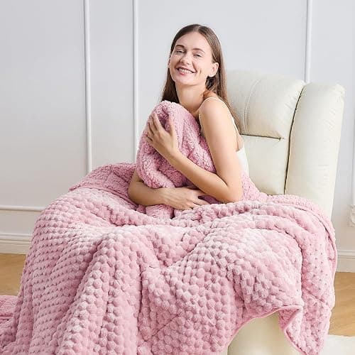 Wemore Fleece Weighted Blanket for Adults (60" x 80" 15lbs, Pink), Dual Sided Cozy Soft Sherpa Heavy Blanket, 3D Imitation Turtle Shell Warm Jacquard Flannel Weighted Blankets for Couch and Bed thumbnail 2