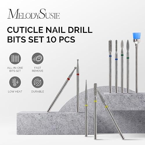 MelodySusie 10pcs Nail Drill Bits Set, 3/32 Inch Diamond Cuticle Nail Bits Kit for Nail Drill E-File, Manicure Pedicure Remover Tools for Acrylic Gel Nails, Salon Home Nail Care Supplies, Silver thumbnail 2