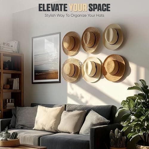 Modern JP Adhesive Hat Hooks for Wall (6-Pack) - Cowboy Hat Rack, Wide Brim Hat Organizer, Strong Hold Hat Hangers for Wall - Black thumbnail 3