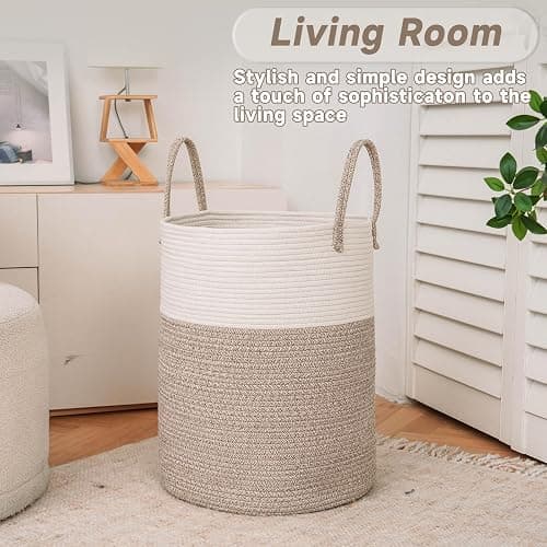 JMvicyroam Large Woven Laundry Basket Hamper,60L Cotton Rope Storage Bin for Blankets,Toys and Clothes,Decorative Tall Nursery Hamper for Living Room,Baby Nursery,Bathroom and Bedroom,Brown thumbnail 3