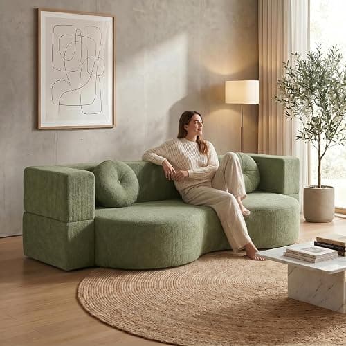 FGNIXLN Woven Fabric Sofa Bed, Convertible Fold Out Floor Couch, Boneless Sofa with 2 Round Cushions, Modular Sleeper Mattress for Living Room Bedroom Guest Room Small Spaces thumbnail 2