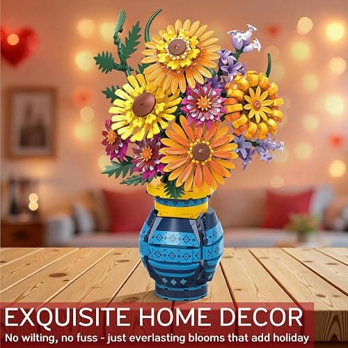 Flower Bouquet Building Blocks Set with Vase, Valentines Day Gifts for Her Wife Him, 1065PCS Sunflower Botanical Collection Artificial Flower Birthday Gifts for Women Men Teen Girls Mom Teacher Adults thumbnail 5