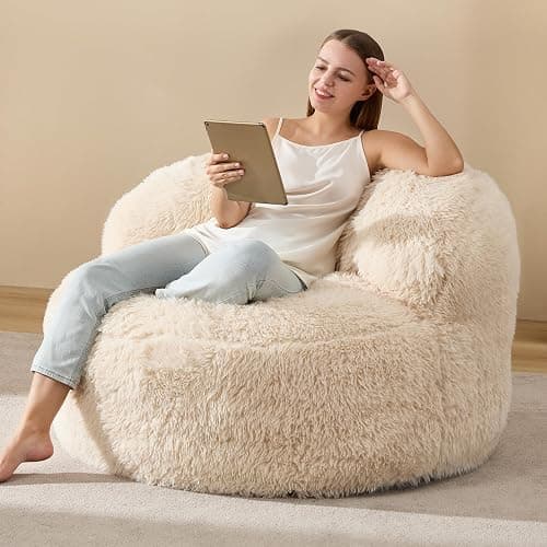Hobestluk Bean Bag Chair Big Bean Bag Chairs for Adults Giant Adult Bean Bag Chair with Foam Filler Large Beanbags with Stuffed Back Lazy Sofa, White-Standard - Image 1