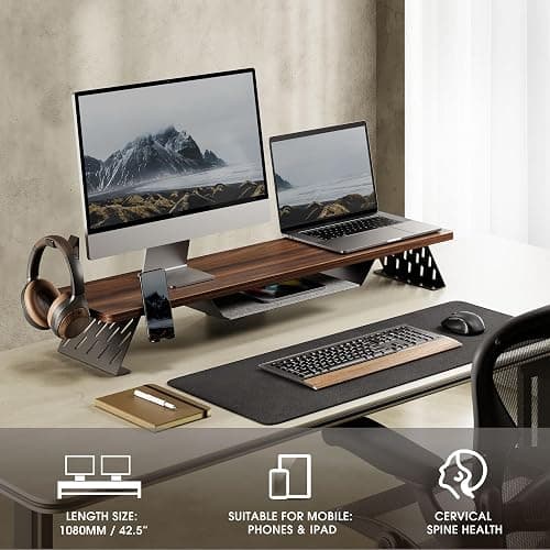 Fenge Dual Monitor Stand, Wooden Desk Shelf with Headphone & Phone Holder | 42.5" Monitor Riser with Storage Shelf, 2-Tier Monitor Shelf with Metal Leg for Home Office Organizer, Brown thumbnail 6