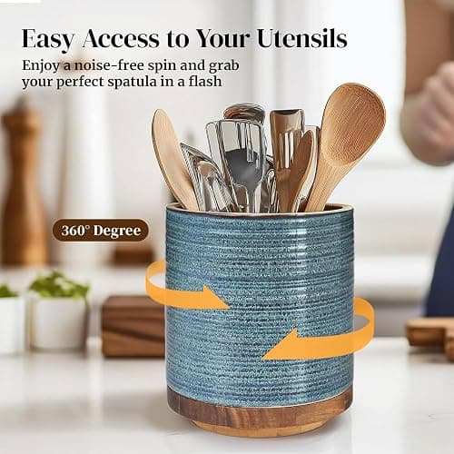 DOWAN 360° Rotating Extra Large Cooking Utensil Holder, 7.6" Kitchen Utensil Holder for Countertop, Utensil Crock for Farmhouse Kitchen Decor, Ceramic Stable Utensil Caddy, Blue thumbnail 4