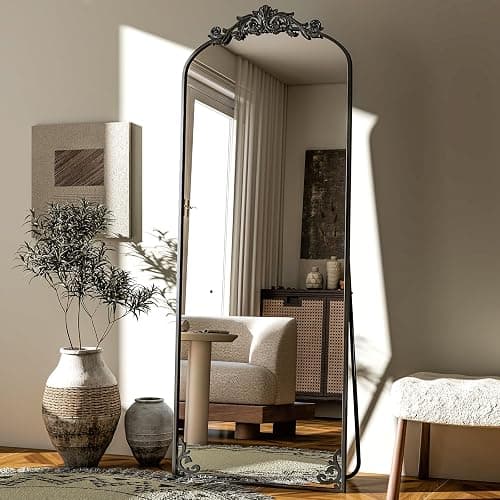 GLSLAND Vintage 64"x 21" Full Length Mirror Large Carved Arched Full Body Mirror with Metal Frame Baroque for Bathroom/Living Room/Entryway,Black - Black-64" X 21" - 64"L x 21"W thumbnail 2