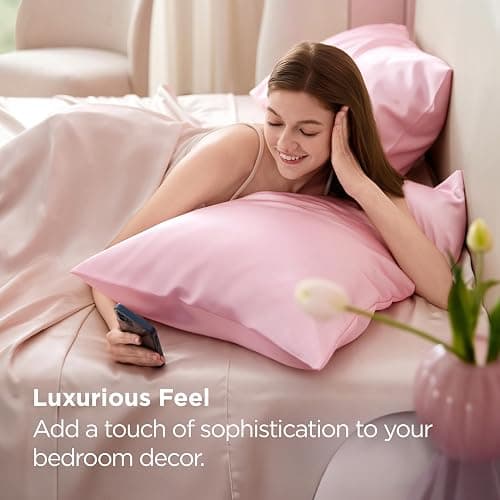 Bedsure Satin Pillowcase for Hair and Skin Queen, Similar to Silk Pillow Cases, Pillow Cases Set of 2 with Envelope Closure, Pink Christmas Room Decor Essentials, 20x30 Inches, 2pcs thumbnail 3