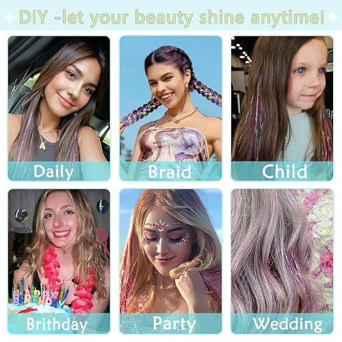 Hair Tinsel,18 Colors Hair Tinsel Kit for Girls 7600 Strands Fairy Tinsel Hair Extensions Holographic Hair Tinsel Heat Resistant Colored Hair Glitter Christmas Party Festival (18 Colors) thumbnail 4