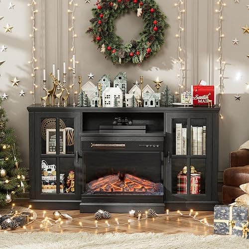 JUMMICO Fireplace TV Stand for TVs up to 65'', 3-Sided Glass Media Entertainment Center Console Table with Cabniet Storage Adjustable Flame LED Color for Living Room (Black) thumbnail 6