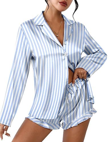 Ekouaer Womens Satin Pajama Sets Long Sleeve Top and Shorts Lounge Set Button Down Sleepwear - Image 1