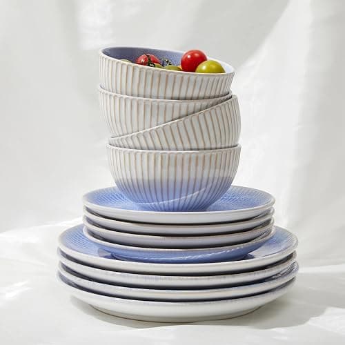 Pokini Ceramic Dinnerware Sets, Handmade Reactive Glaze Plates and Bowls Sets, Highly Chip and Crack Resistant Dish Set, Distinctive Granulated Surface Dishwasher & Microwave Safe Service for 4 thumbnail 4