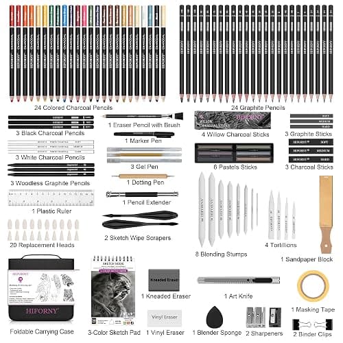 HIFORNY 126 PCS Drawing Kit Sketching Pencil Set,Sketch Pencils Art Supplies with 3-Color Sketchbook,Graphite,Charcoal,Blending Tools,Drawing Pencils for Adults Artists in Zipper Case thumbnail 2
