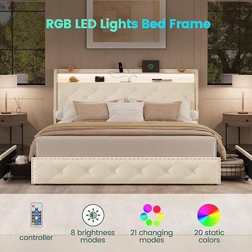 LARMACE Queen Size Bed Frame with 4 Storage Drawers and Charging Station,Velvet Upholstered Platform Bed Frame with LED Headboard,Heavy Duty,No Box Spring Needed,Easy Assembly,Beige thumbnail 3