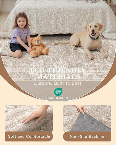 Madane 8x10 Area Rugs for Living Room, Machine Washable Vintage Rug with Non-Slip Backing, Soft Floral Print Large Throw Rugs, Thin Carpet for Bedroom Dining Room Farmhouse (8 x 10, Brown/Sand) thumbnail 5