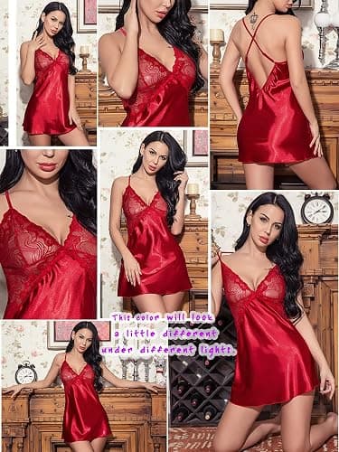 Avidlove Women Lingerie V Neck Sexy Nightwear Satin Sleepwear Lace Chemise Mini Babydoll Nightgown thumbnail 7