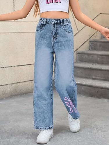 WDIRARA Girl's Bow Print Back Zipper Fly Elastic High Waist Denim Pants Basic Wide Leg Jeans thumbnail 4