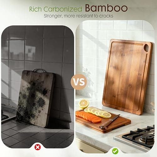 Astercook Deep-Carbonized Bamboo Cutting Boards for Kitchen with Wood Storage Stand, Reversible Charcuterie & Chopping Boards with Juice Grooves and Easy-Grip Handles, Fathers Day Gift for Men thumbnail 9