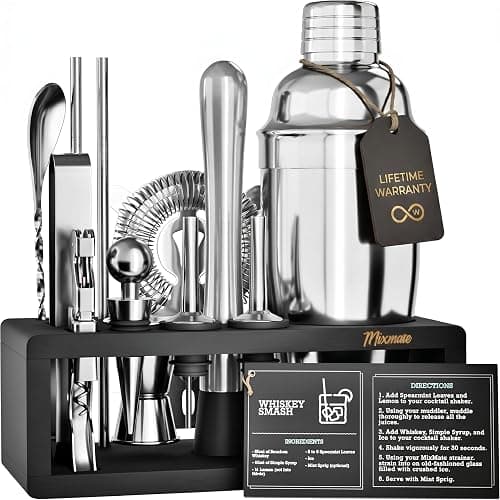 Mixology Bartender Kit with Stand | 15 Piece Bar Tool Set, Silver Bar Set Cocktail Shaker Set for Drink Mixing - Includes Martini Shaker, Jigger, Strainer, Bar Mixer Spoon, Tongs | Gift Idea (Silver) - Image 1