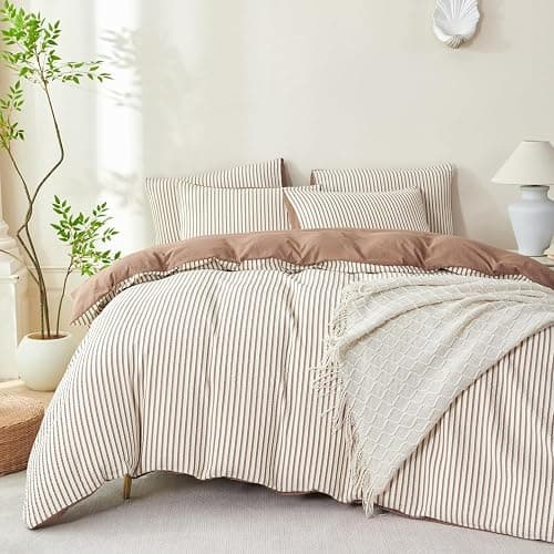 BUPIRD Mocha Brown Comforter Set King Striped Soft Washed Microfiber Jacquard 3 Pieces Striped Bedding Sets Mocha Brown White Comforter for All Seasons and 2 Pillowcases Comfort Breathable - Image 1