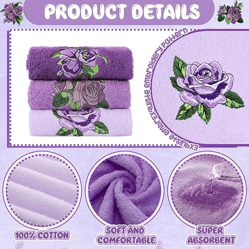 FuWeave 3 Pcs Purple Rose Hand Towels Lavender Purple Bathroom Decor | Embroidered Purple Rose Design, 100% Cotton, Farmhouse Bathroom Kitchen Decor, Absorbent Towels, Holiday Housewarming Gifts thumbnail 4