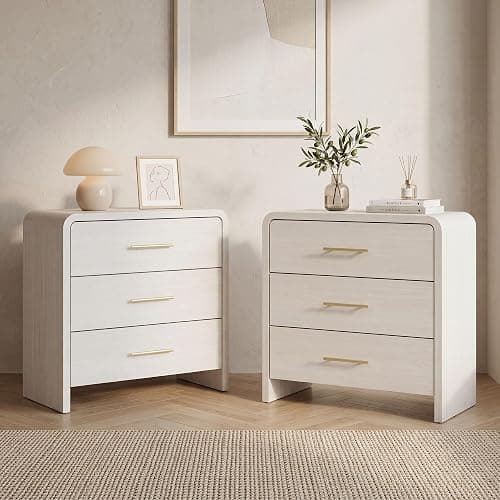 Fatmok Night Stand Set of 2, 31.5'' Wide Wooden Bedside Table with 3-Drawer, Modern Curved Profile Design End Table with Long Metal Handle for Bedroom, White Wood Grain - Image 1