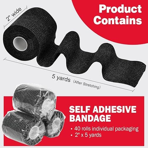 AZEN 40 Pack Self Adhesive Bandage Wrap Black, 2" X 5 Yards Black Athletic Tape, Vet Wrap, Tattoo Grip Tape Wrap，Ankle Tape, Cohesive Bandage Wrap thumbnail 2