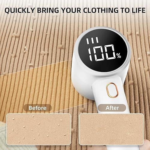 Fabric Shaver, Lint Remover Rechargeable, Electric Portable Sweater Defuzzer with 3 Speeds, 6 Leaf Blades, Digital LED Display to Remove Pilling for Clothes, Furniture, Sweater, Couch, Blanket - White thumbnail 2