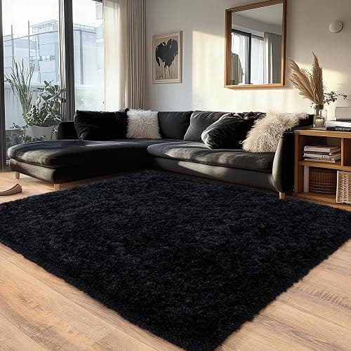OHDS Black Fluffy Rug for Bedroom 6x9 ft - Ultra Soft & Non Slip Shaggy Area Rug, Comfy Durable Carpet for Living Room Kids Room Teens Dorm Home Decor, 1.7'' Thick Indoor Plush Carpets - Image 1