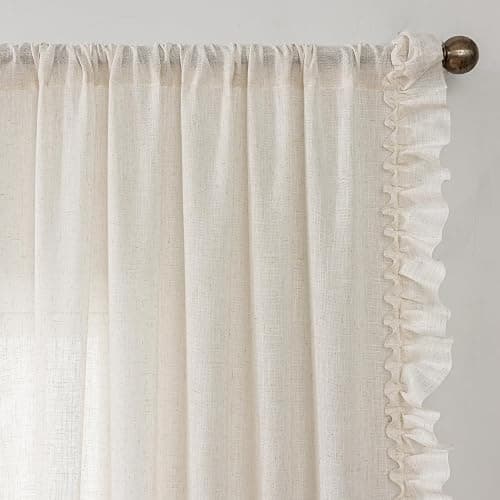 Farmhouse Curtains 84 Inches Long 2 Panels Natural Linen Textured Ruffle Curtains for Bedroom Living Room, Rod Pocket Privacy Flowy Drapes Semi-Sheer Cottage Scalloped Edge Curtain Set, W47xL84 Inch thumbnail 2