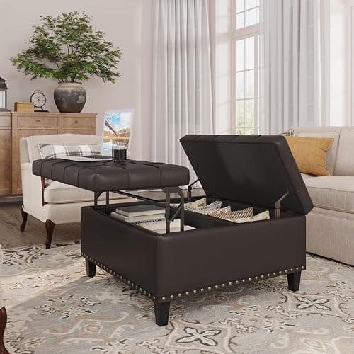 FiveWillowise Square Leather Ottoman with Storage, Faux Leather Coffee Table with Lift Top,Large Upholstered Footrest Stool Toy Box Storage Bench for Bedroom Living Room, Chocolate thumbnail 3