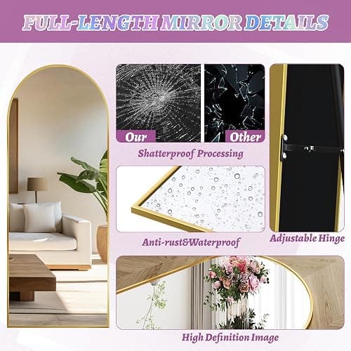 LadyNow Full Length Mirror, 58"x18" Arched Floor Mirror Freestanding, Floor Standing Full Body Mirror with Stand for Bedroom, Hanging Mounted for Living Room Cloakroom, Gold thumbnail 6