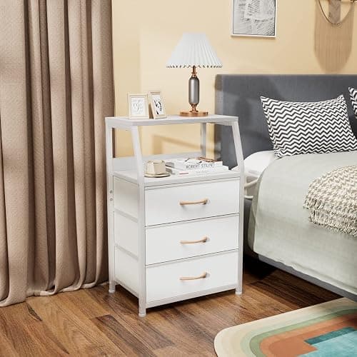 Furnulem White Nightstand with 3 Drawers and 2-Tier Shelf, Small Night Stand End Table Side Furniture, Fabric Storage Organizer for Bedroom, Closet, Hallway, Nursery, Sturdy Steel Frame, Wood Top - White - 3 Drawers thumbnail 8