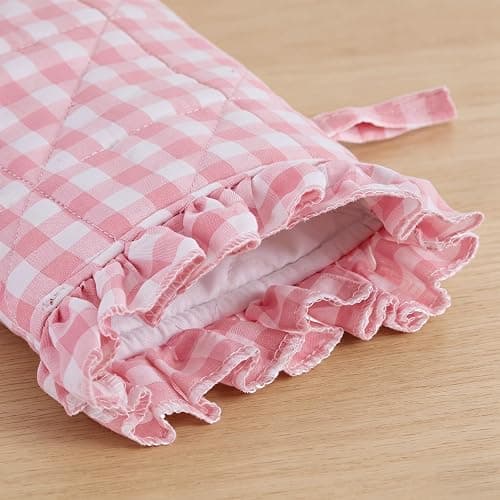 Twistover Ruffle Gingham Oven Mitts 2-Pack Set, Pink, 7"x13" | Checkered Oven Mitts, Plaid, Cotton Heat Resistant, Non-slip Grip for Baking BBQ, Cute Farmhouse Style, Safe Pot Holders thumbnail 4