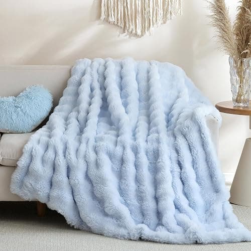 Smoofy Faux Fur Throw Blanket for Couch Rabbit Fleece - Light Blue Fluffy Blanket for Sofa Bedroom Living Room, Cozy Soft Plush Luxury Thick Winter Fuzzy Comfy Bubble Blanket - 50" x 60" - Image 1