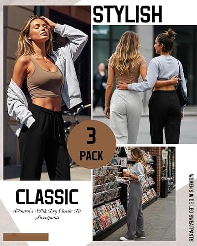 Neer 3 Pack Women's Sweatpants with Pockets, High Waisted Casual Yoga Pants Cozy Lounge Drawstring Loose Wide Leg Jogger thumbnail 4
