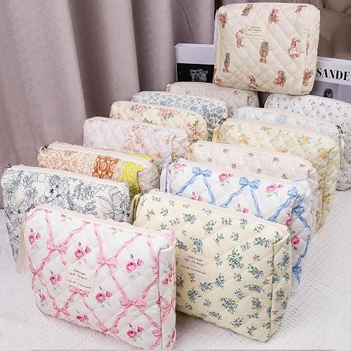 Floral Makeup Bag, Large Cosmetic Bag for Women Girls, Cute Cotton Make up Pouch, Quilted Makeup Bags, Flower Travel Toiletry Organizer Bag(Blue Floral) thumbnail 5