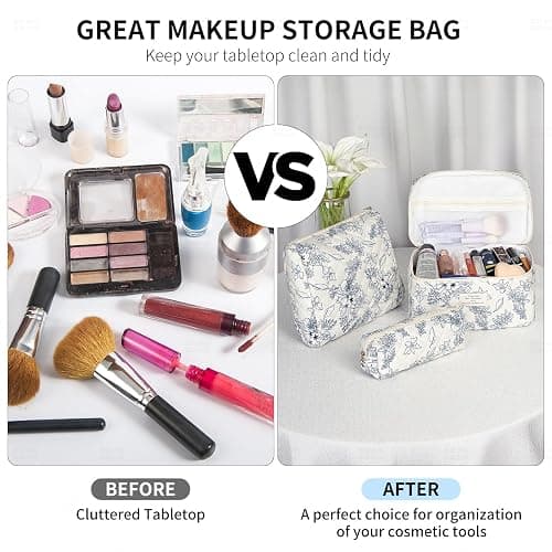 senbowe Floral Makeup Bag, 3 Pack Large Cotton Quilted Makeup Bag Set, Cute Floral Coquette Aesthetic Toiletry Bag Make Up Cosmetic Bag for Women, Toiletry Travel Make Up Organizer Bag thumbnail 4
