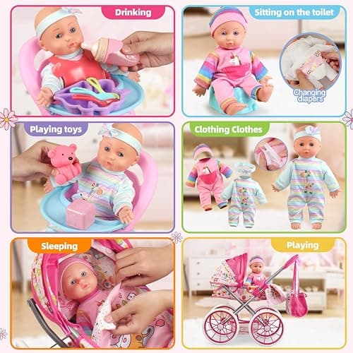 Baby Doll Stroller Toys Set with 12.5" Baby Doll,Dining Chair,Quilt Pillow,24 PCS Doll Accessories and 2 Sets Doll Clothes,Baby Stroller Toys for Girls Toddlers 3-5 4-6 5-7 Gifts for Pretend Play thumbnail 5