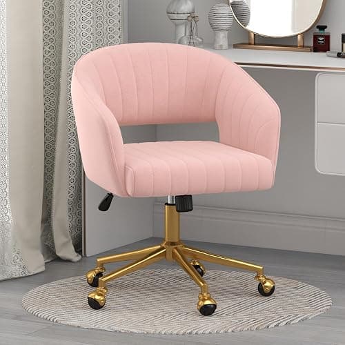 Home Office Chair Swivel Velvet Desk Chair Accent Armchair Upholstered Modern Tufted Chairs with Gold Base for Girls Women Ergonomic Study Seat Computer Task Stools for Living Room(Pink) thumbnail 2