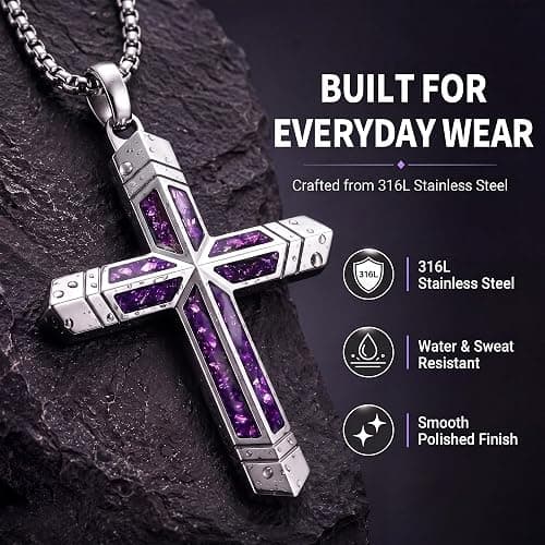 GTMJ Amethyst Cross Necklace for Men with Adjustable Box Chain For Everyday Wear Christian Men's Cross Necklace Jewelry Gifts thumbnail 3