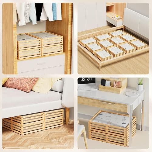 Bamboo Under Bed Storage with Wheels Rolling Underbed Drawer with Lids | 360° Lockable Wheels,120lbs Load Capacity,Multi-scene,Dustproof Storage Bag,Sturdy Wood Shoe Storage,Clothes Storage Drawers thumbnail 5