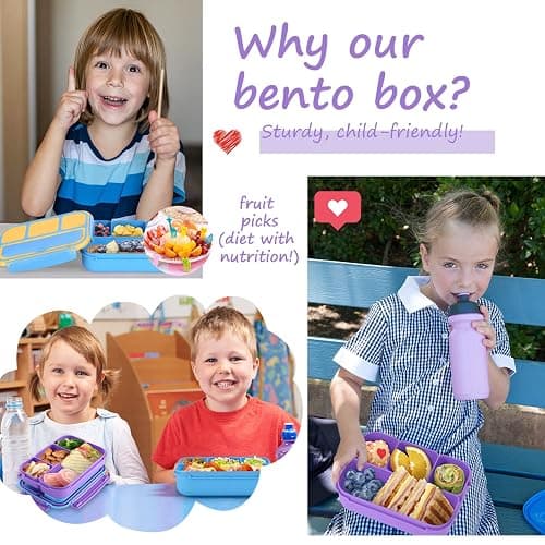 QQKO Bento Lunch Box for Kids Girls Boys, Toddler Kids Lunch Boxes for School, Lunch Containers for Adults with 4 Compartments, Sauce Container, Utensils, Food Picks and Muffin Cups, Purple thumbnail 7