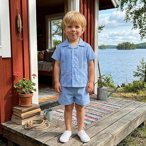 Xnqiwq Kids Toddler Guayaberas Summer Outfits Boys Guayabera Shirts Cuban Short Sleeve Button Down Shirt and Shorts Set 2Pcs thumbnail 2