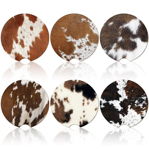 Sieral 6 Pcs Western Cow Print Car Coasters for Cup Holders, 2.56 Inch Absorbent Cork with Finger Notch, Brown Cow Print for Cars & Trucks, Western Car Accessories for Women Men - Image 1