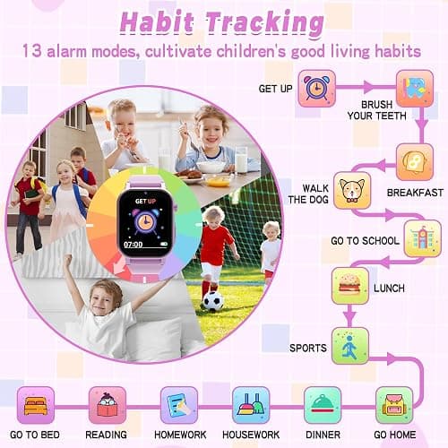 Phyulls Kids Smart Watches Girls with 32 Puzzle Games, HD Camera, Pedometer | 1.69" TouchScreen Watch for Kids, Alarm, Music, Audiobooks, Flashlight,12/24 Hr, Birthday Gifts for Girls Ages 5-12, Purple thumbnail 4