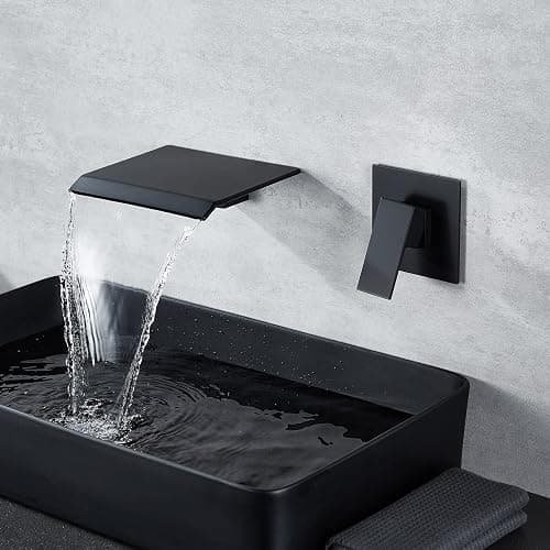 DASAN Wall Mount Waterfall Bathroom Faucet Matte Black in Wall Sink Faucet, Single Handle Wall Mounted Modern Faucet for Bathroom with Upgraded Rough in Valve - Matte Black - Image 1