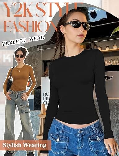 YOGINGO Womens Crew Neck Basic Long Sleeve T Shirt Slim Fit Tees 2024 Fall Y2k Going Out Crop Tops Cute Tight Shirts thumbnail 4